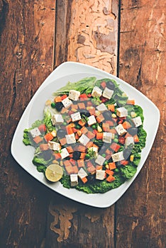 Paneer Vegetable saladÂ is a healthy Indian recipe made using cottage cheese and green veggies